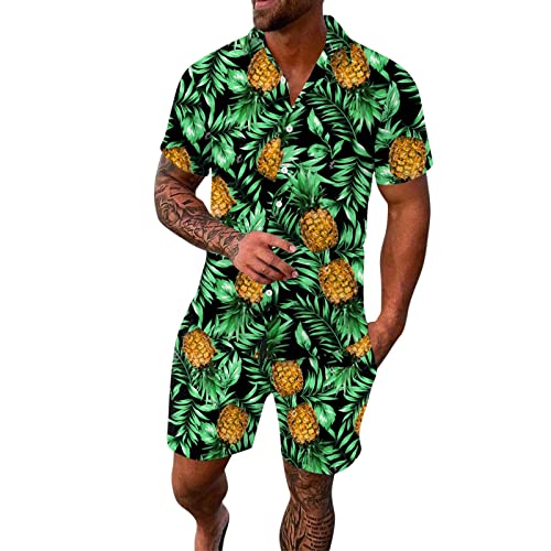 Hawaii Hemd Männer Outfit Strand Outfit Herren 2 Teilig Herren Frühling/Sommer Freizeit Sport Hawaii Beach Style Stitching Stripe Print Kurzarm Hemdhose Zweiteiliges Set Herren Anzug Wolle (Green, XL) von NHNKB