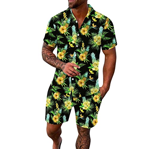 Hawaii Hemd Männer Outfit Strand Outfit Herren 2 Teilig Herren Frühling/Sommer Freizeit Sport Hawaii Beach Style Stitching Stripe Print Kurzarm Hemdhose Zweiteiliges Set Herren Anzug Wolle (Yellow, L) von NHNKB