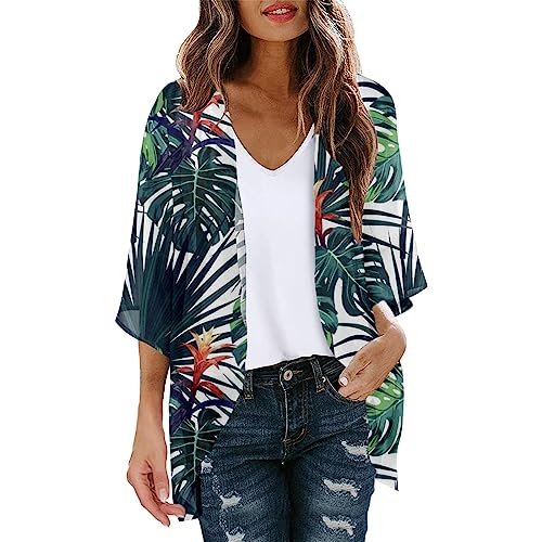 Hawaii Outfit Damen T-Shirt Damen-Cardigan Chiffon mit Blumendruck Puffärmeln Lockeres Cover-Up Lässige Blusen-Tops Hoodie Kleid Damen Sommer Locker Damen V-Ausschnitt Tshirt von NHNKB