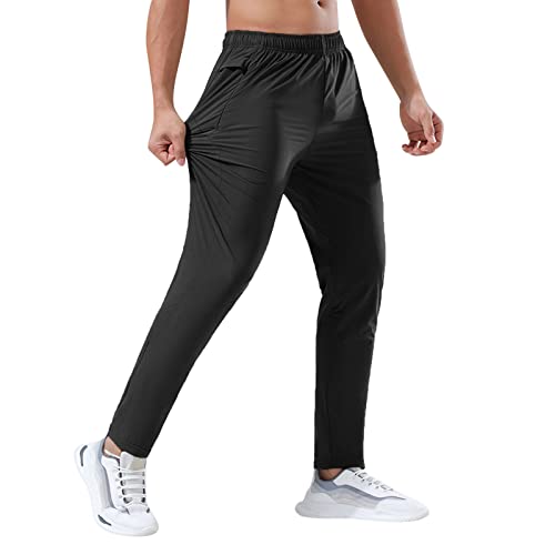 Herren Sporthose Lang Dünn Herren Frühjahr und Sommer Lose Dünne Eis Seide Outdoor Laufen Fitness Yoga Freizeit Trainingshose Einfarbig Einfach Schnell Trocknend Laufhose Hose Herren (Black, XL) von NHNKB