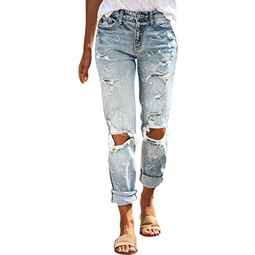 Jeanshose Damen Gerades Bein Jeans Hose Damen Mit Löcher Zerrissene Boyfriend-Jeans mit mittlerer Taille für Damen, lockere Passform, Distressed, dehnbare Denim-Hose Hosen Kurz Damen (Light blue, XXL) von NHNKB