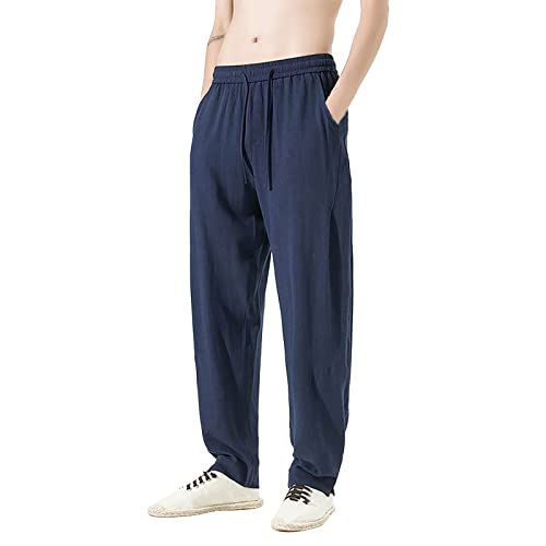 Jogginghose Herren Lang Dünn Herren Sporthose Lang Weiss Herren-Drap-Leinen-Trendy-Freizeithose Dünne und übergroße Lange Retro-Baumwoll-Leinen-Hose Cargo Hose Schwarze​ (Navy, L) von NHNKB