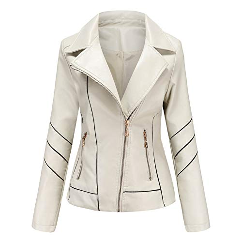 Kunstleder Jacke Damen Schwarz Lederjacke Damen Schwarz Tailliert Lederjacke Damen Kurz Schwarz Frauen schlank Stehkragen Reißverschluss Stitching solide Jacke Damenmantel (White, S) von NHNKB