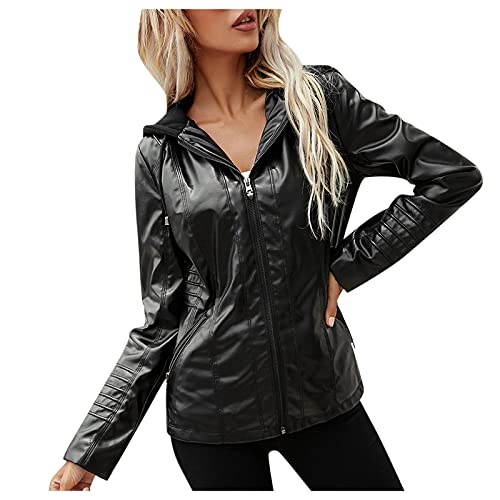 Lederjacke Damen Kurz Schwarz Jacke Mit Reißverschluss Damen Motorradjacke Damen Kurz Kunstleder Jacke Damen Schwarz Reißverschluss Outwear Langarm Motorradjacke Mantel Damen Mantel Rose (Black, M) von NHNKB