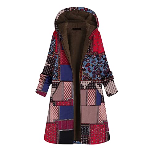 Mantel Damen Winter Vintage Retro Dicke Baumwolle Gefütterte Jacke Ethnische Art Drucken Nähen Lange Mode Baumwolle Gefütterte Damen Mäntel 2023 Winter Mantel Schnittmuster Damen (Red, XXXL) von NHNKB