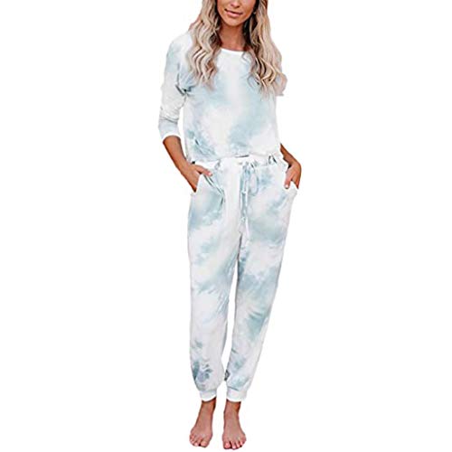 NHNKB 2-teiliges Frauen-Tie-Dye-Trainingsanzug-Set mit langen Ärmeln, Kordelzug, Jogginghose-Sets Damen Outfit Set (Light blue, XXXL) von NHNKB