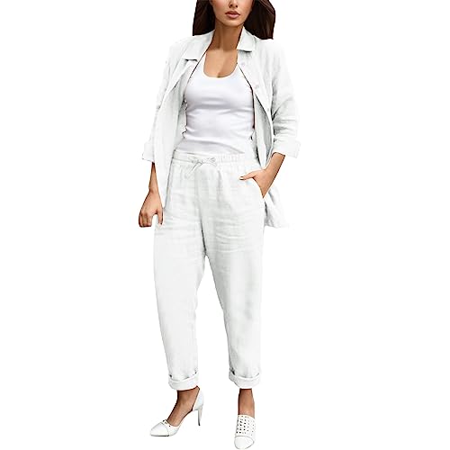 NHNKB Anzug Damen Elegant 2 Teiler Frauen 2023 Sommer Retro Lose Outfit Frauen Strickjacke Taste Hemd Tops Tasche Lange Hosen Anzug Casual Solide Zweiteilige Sets Zweiteiler Damen​ (White, L) von NHNKB