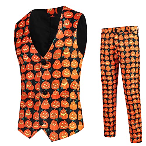 NHNKB Anzug Herren Kürbis Anzug Herren 2 Teilig Halloween Anzug Herren Kostüm Mittelalter Herren Herrenmode Casual Printing Vintage Anzug Hose Anzug Zweiteiler Anzug Schwarz (C, M) von NHNKB