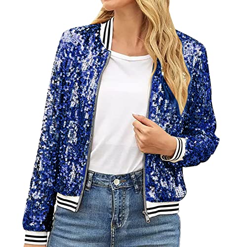 NHNKB Baseball Jacke Damen Kurz Bluse Mit Pailletten Damen Sweatshirt Mit Reißverschluss Damen Ohne Kapuze Damen Pailletten Pailletten Streifen Langarm Casual Fashion Coat Outfit Damen von NHNKB