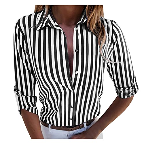 NHNKB Bluse V Ausschnitt Damen Langarm Hemd Damen Langarm Elegant Bluse Damen Elegant Bluse Schwarz Weiss Gestreift Damen Top Bluse für Frauen gestreiften Druck täglich stilvolle Mode Top von NHNKB