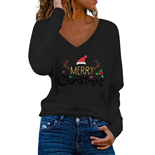 NHNKB Bluse V Ausschnitt Damen Langarm Weihnachtshemden für Frauen Loose Fit Tops Casual Tops Casual Bluse Winterhemden Tunika Top V-Ausschnitt Bluse Langarm T-Shirts Weiße Shorts Damen​ (Black, L) von NHNKB