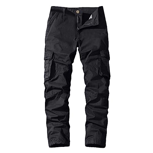 NHNKB Cargohose Herren Schwarz Lang Cargohose Herren Lange Regular Fit Herren-Overalls Baumwolle für Vier Jahreszeiten, schlicht, einfarbig, elastische Taille Winterwanderhose (Black, L/34) von NHNKB