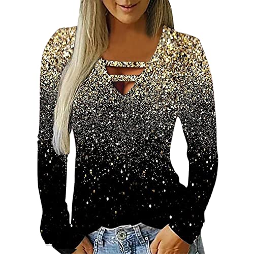 ​Cut Out Oberteil Damen Schwarz Pullover Damen Herbst Lässiges langärmliges Damen-T-Shirt mit V-Ausschnitt schmaler Passform Tunika Bluse T-Shirt Mesh Oberteil Damen Glitzer von NHNKB