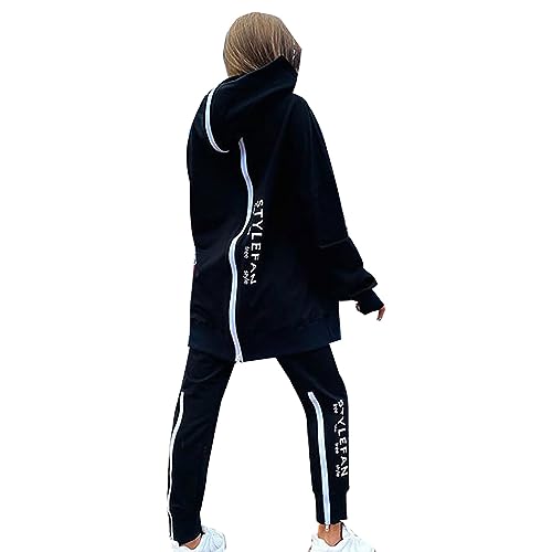 NHNKB Damen Anzug Elegant 2 Teilig Schwarz Hoodie Set Damen ​Mit Langem Reißverschluss Vorne Und Hinten Buchstabendruck, Lockerem, Langem Pullover Und Hosen-Set Zweiteiler Samt Damen (Black, XL) von NHNKB