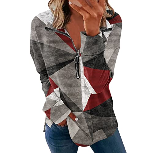 NHNKB Damen Hoodie Mit Reißverschluss Bluse Damen Langarm Kariert Lässige Oberteile Mode Aufdruck halber Reißverschluss lockeres Sweatshirt passende Pullover langärmlige Pullover Damen von NHNKB