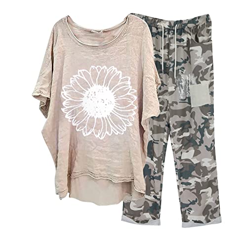 NHNKB Damen ​Lässige Drucke Knopfhemd Hohe Taille Lose Tasche Hose Zweiteiliges und Unterteil Set Jogging Damen Anzug Set Camouflage Hose Frauen Lange Damenbluse Langarm Elegant Vintage von NHNKB