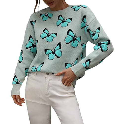 NHNKB Damen Pullover Langarm Bluse Mit Schmetterlingen Damen Strickpullover mit Rundhalsausschnitt und Schmetterlingsmuster für Damen, langärmlig Trend Klamotten​ (Green, S) von NHNKB