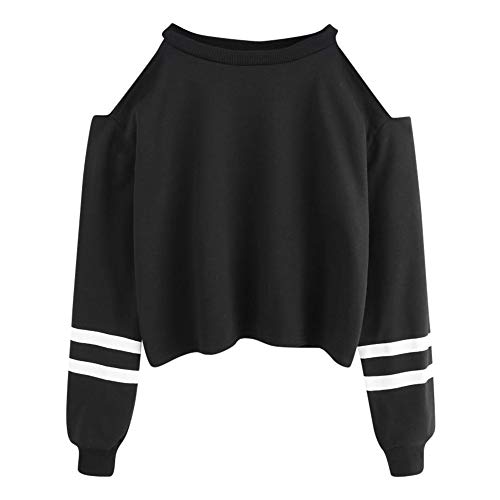 NHNKB Damen Sweatshirt Baumwolle Crop Tops Damen Sexy Langarm Bauchfrei Lange Ärmel Sweatshirts Shoulder Off Hemd Pullover Top Damen Sommer Locker Bluse Schulterfrei Oberteil Schwarz von NHNKB