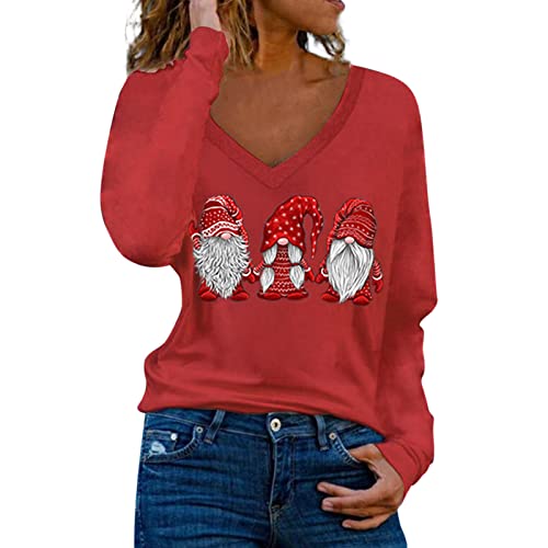 NHNKB Damen Weihnachten Sweatshirt Weihnachtshemden für Frauen Herbstoberteile Lässige Oberteile Lässige Bluse Winterhemden Tunika-Oberteil V-Ausschnitt Lockere Passform Bluse Langarm (Red, S) von NHNKB