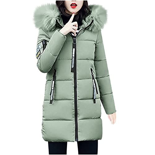 NHNKB Daunenjacke Damen Leicht Mit Kapuze Jacke Damen Mit Fellkapuze Warm dicker Reißverschluss Baumwolltasche Winterkragen Outbekleidung Womens Jacke Mantel Hoodie Mantel Damen​ (Green, XXL) von NHNKB