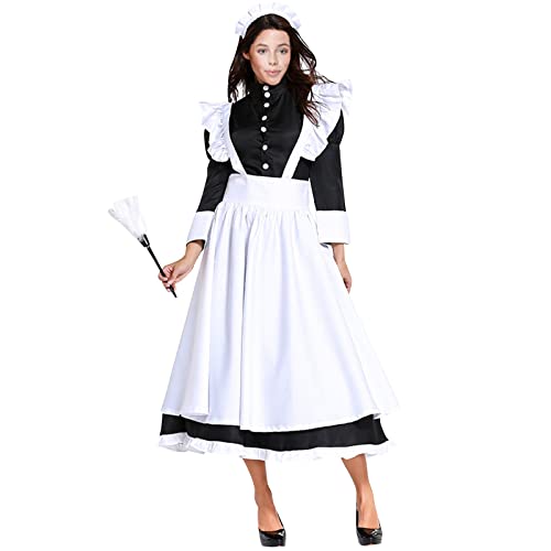 NHNKB Dienstmädchen Schürze Und Haube Halloween Kleider Damen Halloween Cosplay Klassisches süßes langes Kleid für Damen Cosplay-Kostüm mit Schürze Mittelalterlicher Gobelinkalender (Black, XXL) von NHNKB