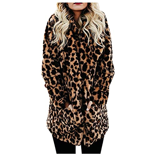 NHNKB Fleecejacke Mit Taschen Damen Leopardenmuster Mantel Winter Warm Damen Dicke Jacke Damen Plus Size Leopard Print Jacke Faux- 'Body Long Sleeve Furry Outerwear Langes Mantel Damen von NHNKB