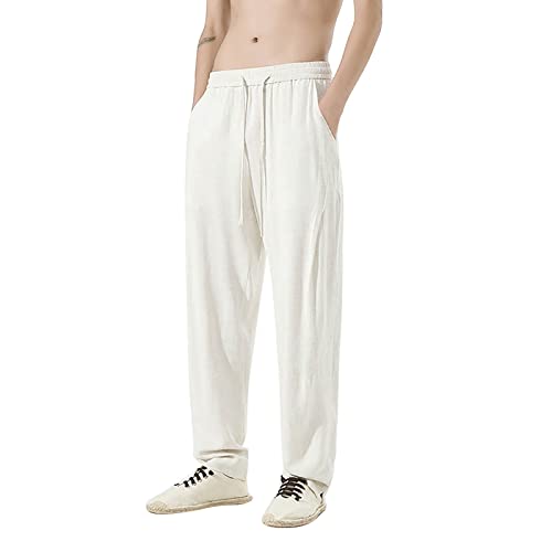 NHNKB Freizeithosen Herren Leicht Herren Hosen Sommer Leinen Herren-Drap-Leinen-Trendy-Freizeithose Dünne und übergroße Lange Retro-Baumwoll-Leinen-Hose Bequeme Business Hose Herren (Beige, M) von NHNKB