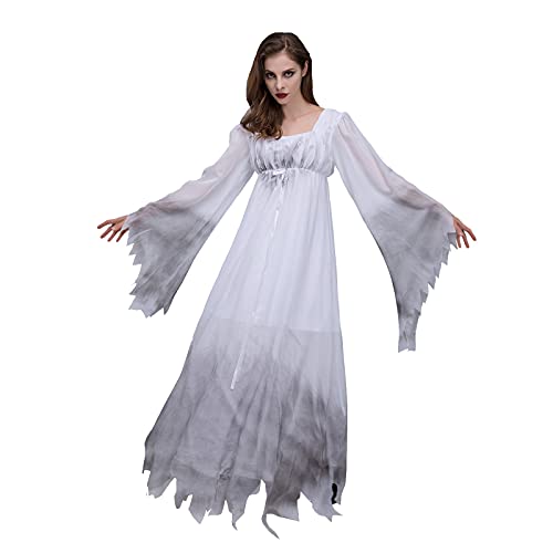 NHNKB Geisterbraut Kostüm Damen Halloween Kostüm Geisterbraut Halloween Kleider Damen Kleid Lang Weiß Langarm Frauenkleid Kleidung Cosplay White Spitze Langarm Kostüm Kleid Blau (White, L) von NHNKB