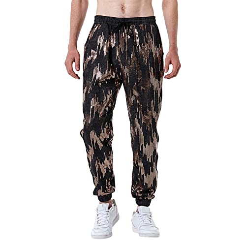 NHNKB Glitter Hose Herren Glitzer Outfit Herren Hose Freizeithosen Herren Leicht Atmungsaktiv Lose Pailletten-Leggings Mode-beiläufige Tanzparty-Leggings-Hosen der Männer Hosen Herren (Black, L) von NHNKB