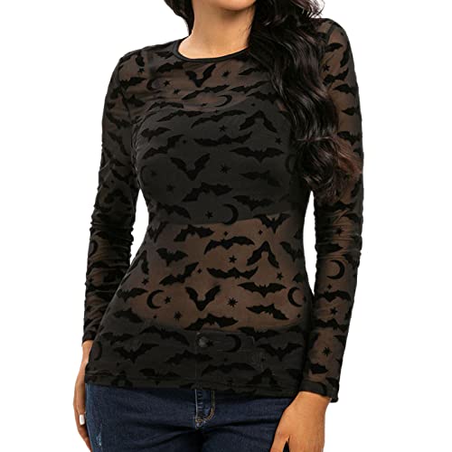 NHNKB Halloween Kostüm Damen Fledermaus Mesh Oberteil Damen Schwarz Damen Sexy Halloween Fledermaus Mesh Langarm Tops Durchsichtig Damen Mesh Crop Slim Sexy Dessous Nachtwäsche Oberteil (Black, XL) von NHNKB