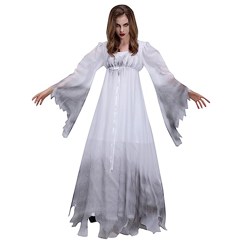 NHNKB Halloween Kostüm Geisterbraut Mittelalter Kleid Damen Weiß Halloween Kleid Damen Halloween Kostüm Damen Gruselig Damen, gruseliges Braut-Rollenspielkleid Mittelalterhemd (White, M) von NHNKB