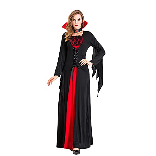 NHNKB Halloween Outfits Kleid Schwarz Mittelalter Kleid Damen Lang Totenkopf Kleider Lang Vampir Kleidung Damen Frauenkleid Cosplay Kostüm Langarm-Retro-Gothic-Kleidung Kleid Glitzer Damen (Black, M) von NHNKB