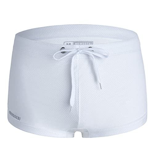 NHNKB Herren Badeslip Kurz Eng Jungen Badehose Männer Sexy Niedrige Taillen Unterhose Spitze Dreiecksdruck Schwimmen Kurze Spring Shorts Badehose Mini Badehose Schwimmhose Badeshorts (White, L) von NHNKB