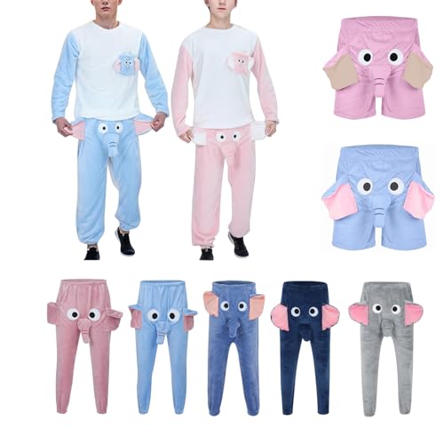 NHNKB Herren Baumwolle Herren-Pyjama-Set(2 Teilig) EIN-lustiger Elefanten-Boxer Neuheits-Pyjamas,Elefanten-Ring-Hosen+langärmliges Oberteil für Männer Geschenk zum Valentinstag(X1-Blau, 4XL) von NHNKB