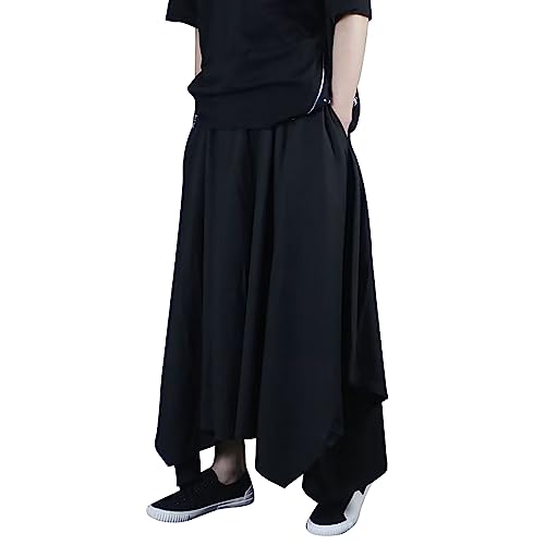 NHNKB Herren Haremshose Schwarz Herren Hose Schwarz Elegant Locker Herren Lässige Rockhose Lose Weites Bein Haremshose Japanischer Stil Kendo Culottes Sommer Leichte Trainingshose​ (Black, L) von NHNKB