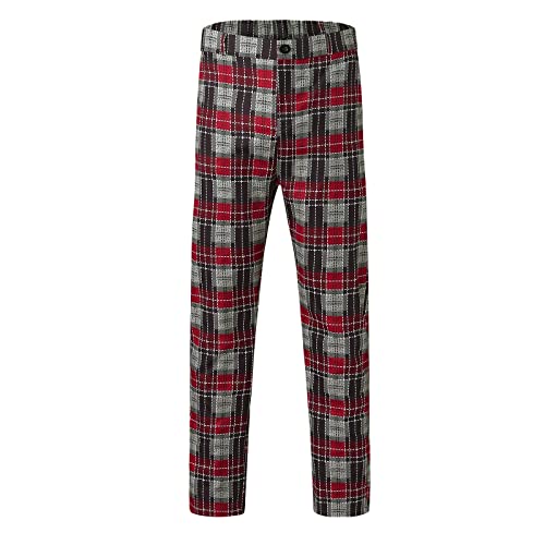 NHNKB Herren Hose Kariert Lang Freizeithosen Herren Leicht Atmungsaktiv Herren Hosen Sommer Lang Lässige Karierte schmale Bleistifthose für Herren elastische Taille Hose Golfhose Herren​ (Red, L) von NHNKB