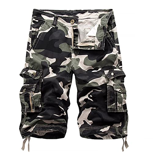 NHNKB Herren Hosen Lose lässige europäische und amerikanische Arbeitskleidung für Herren, Camouflage-Shorts, große Multi-Pocket-Fünf-Punkt-Hose Herren Kleidung Modern (Green, 31) von NHNKB