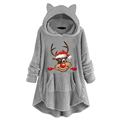 NHNKB Hoodie Damen Oversize Lang Damen Weihnachten Sweatshirt Pullover Damen Winter Warm Verdickter Weihnachtsmantel für Damen Langarm Kapuzenpullover Jacke mit Tasche Mantel Damen Oversize (Grey, L) von NHNKB