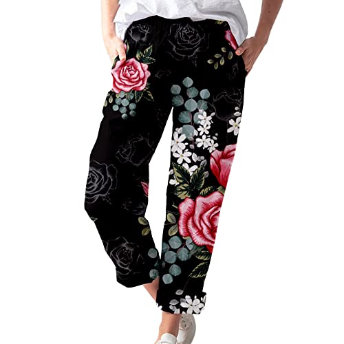 NHNKB Hose Mit Blumenmuster Damen Freizeithosen Damen Bequem Freizeithosen Damen Lang Lässige, modische Damenhose mit bedruckten Taschen Baumwolle und Leinen Damen Hose Wolle​ (Black, XXL) von NHNKB