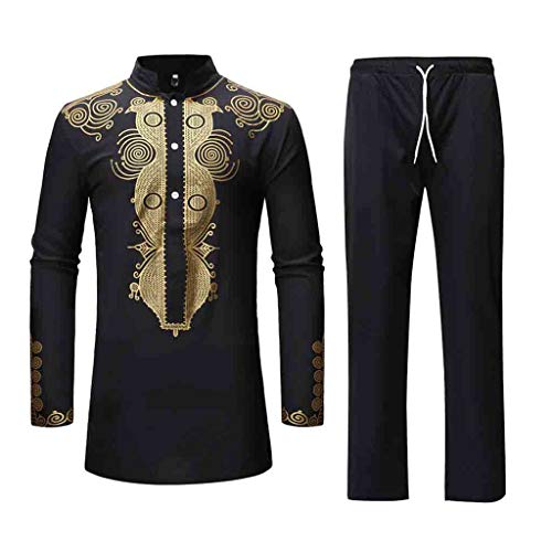 NHNKB Indischer Anzug Herren AfrikanischerAnzug Herrenanzug Herren Slim Fit 2 Teilig Winter afrikanisches langes Hemd für Männer Herbst Druck Luxusanzug Ärmel Herren Anzüge Anzug (Black, L) von NHNKB