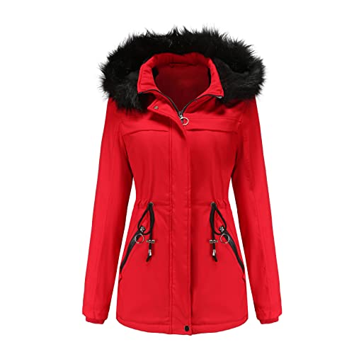 NHNKB Jacke Damen Mit Fellkapuze Warmer, verdickter Damenmantel in Übergröße, warm, trendig, mit Fleece gefüttert einfarbig mit Kapuze Schneemantel Outwear mit Seitentaschen Mantel Damen (Red, M) von NHNKB