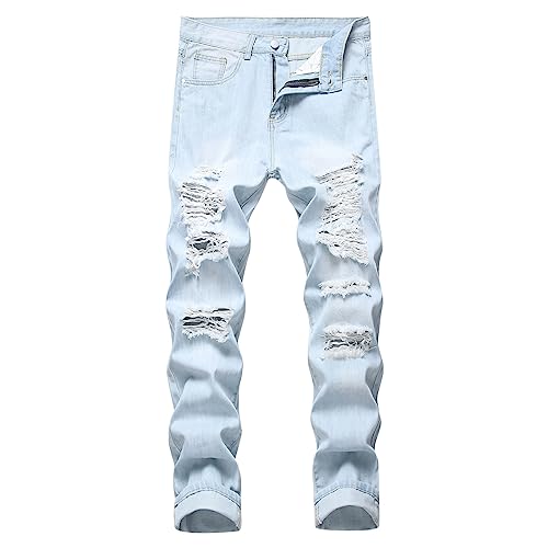 NHNKB Jeanshose Herren Stretch Regular Zerrissene Jeans Herren Slim Fit Jeanshose Herren Hellblau 2023 Mode Gerade Rohr männer Gebrochenes Knie Gebrochene Hosen männer Jeans Herren Stretch (Blue, 38) von NHNKB