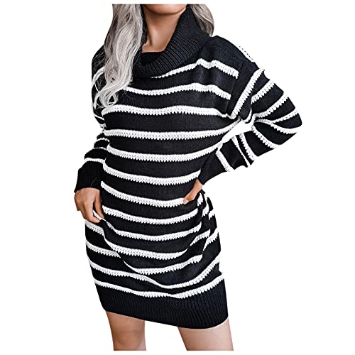 NHNKB Kleid Schwarz Weiss Gestreift Damen Kleid Locker Damen Strickkleid Damen Sexy Kurz Damen Herbst und Winter Slim Fit Rollkragenpullover Wickelkleid Kleid Farbblock Gestreiftes Kleid von NHNKB