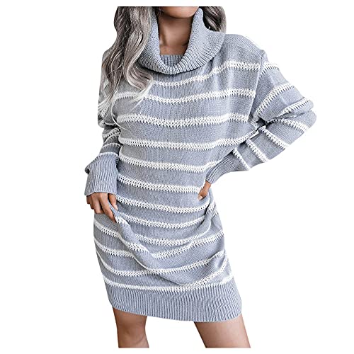 NHNKB Kleid Schwarz Weiss Gestreift Damen Kleid Locker Damen Strickkleid Damen Sexy Kurz Damen Herbst und Winter Slim Fit Rollkragenpullover Wickelkleid Kleid Farbblock Gestreiftes Kleid von NHNKB