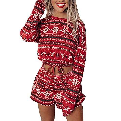 NHNKB Loungewear Damen Set Damen Set Kleidung Elegant Pyjama Set Damen Kurz Baumwolle Frauen Winter Schneeflocken Druck Weihnachten Kurze Vollarm-Anzug mit kurzen Pfannen Zwei Teiler​ (Red, S) von NHNKB