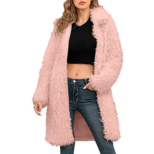 NHNKB Mantel Damen Rosa Langer Teddy-Mantel für Damen, Winter, warme, geschwollene Jacke, flauschige Damenmantel-Jacken, langärmliger, lässiger, langer, warmer Trenchcoat Mantel Damen​ (Pink, XL) von NHNKB