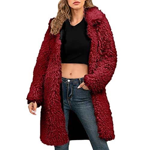 NHNKB Mantel Damen Rosa Langer Teddy-Mantel für Damen, Winter, warme, geschwollene Jacke, flauschige Damenmantel-Jacken, langärmliger, lässiger, langer, warmer Trenchcoat Mantel Damen​ (Red, S) von NHNKB