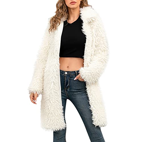 NHNKB Mantel Damen Rosa Langer Teddy-Mantel für Damen, Winter, warme, geschwollene Jacke, flauschige Damenmantel-Jacken, langärmliger, lässiger, langer, warmer Trenchcoat Mantel Damen​ (White, M) von NHNKB