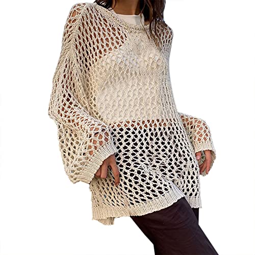 NHNKB Mesh Oberteil Damen Strickpullover Damen Sommer Lochmuster Frauen übergroßer Pullover Langarm Printing Punk Pullover zerrissene gestrickte Goth Top Streetwear Strickweste Damen​ (Beige, L) von NHNKB