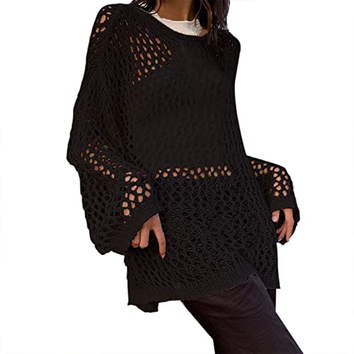 NHNKB Mesh Oberteil Damen Strickpullover Damen Sommer Lochmuster Frauen übergroßer Pullover Langarm Printing Punk Pullover zerrissene gestrickte Goth Top Streetwear Strickweste Damen​ (Black, L) von NHNKB